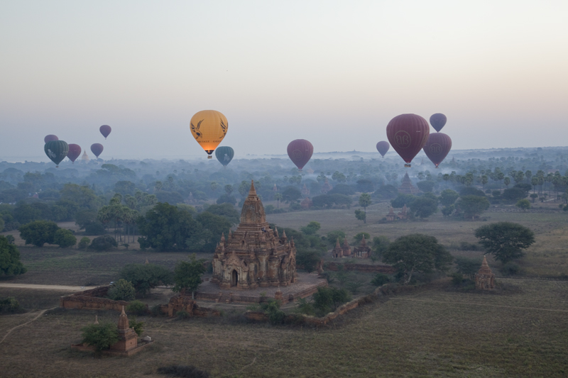 Balloons over Bagan Stupa Temple Myanmar